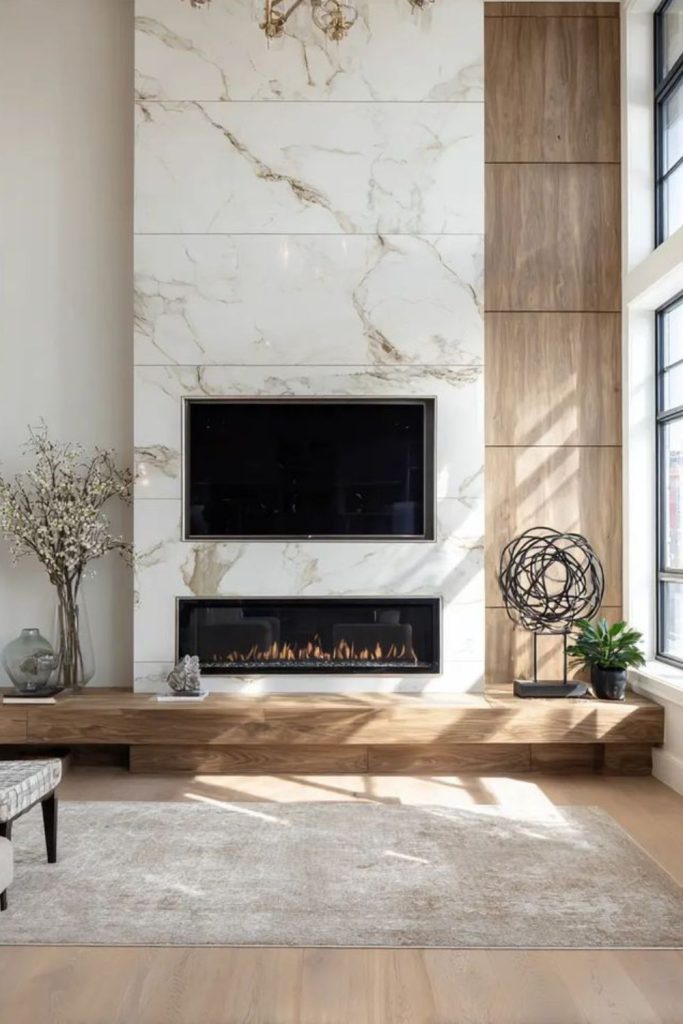 Polished marble fireplace modern TV setup