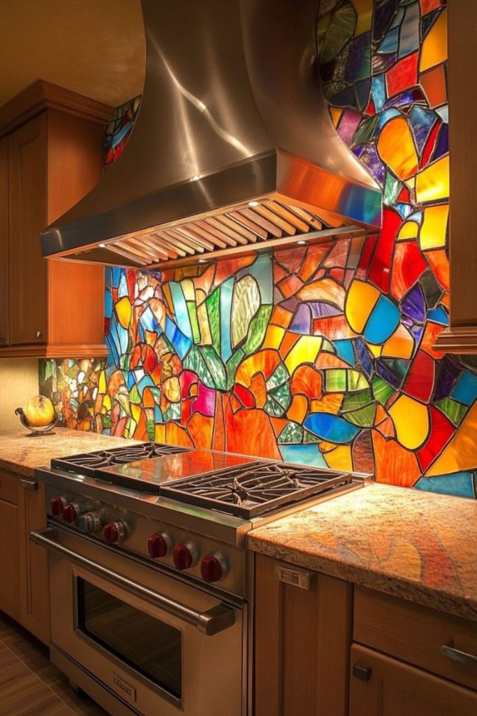 Recycled glass backsplash with vibrant fragments