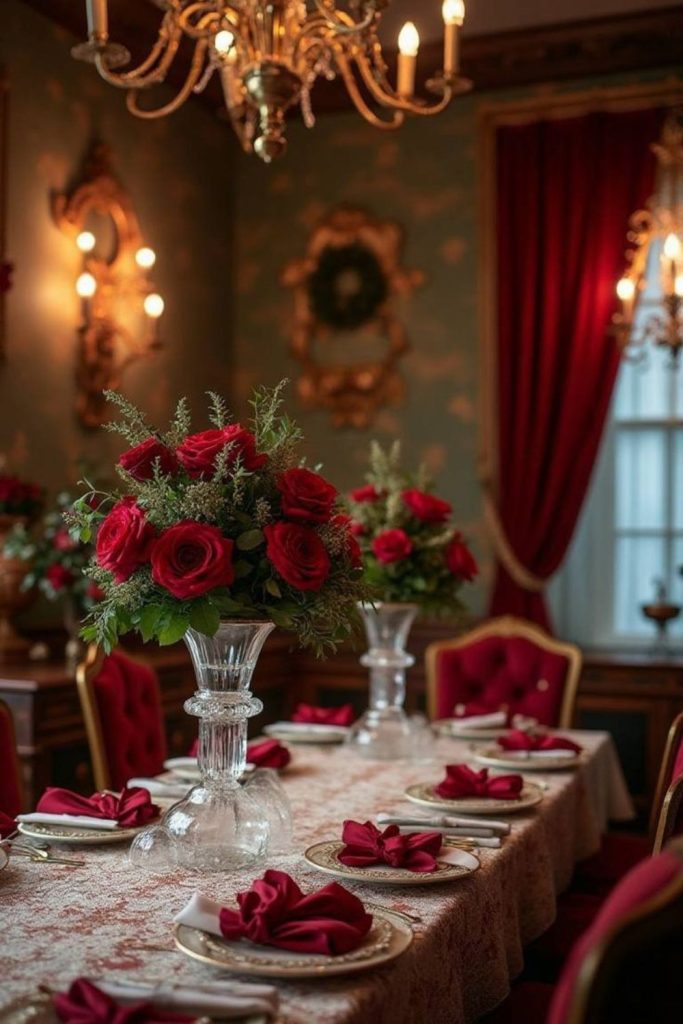 Red velvet holiday dining centerpiece.