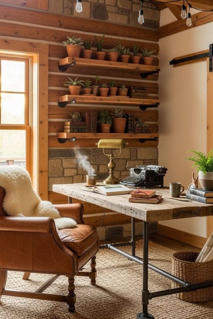 Redwood cabin natural light workspace