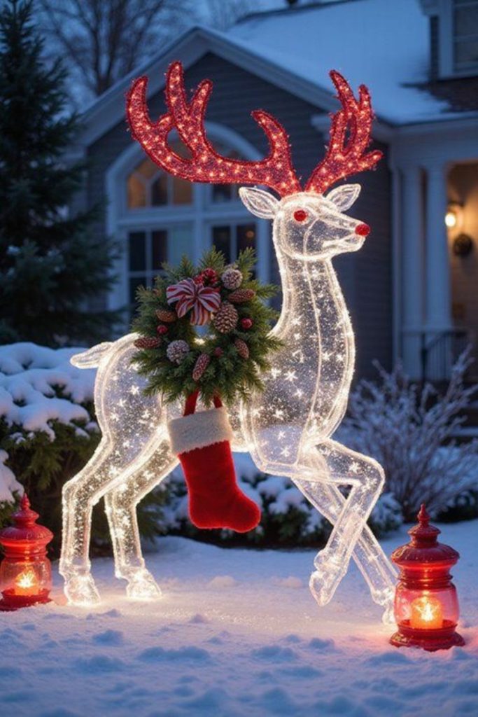 Life-size reindeer figures with sleigh display