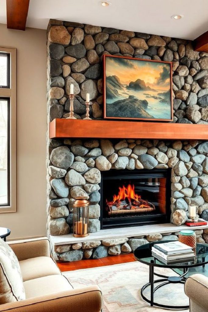 Riverstone natural serene fireplace area.