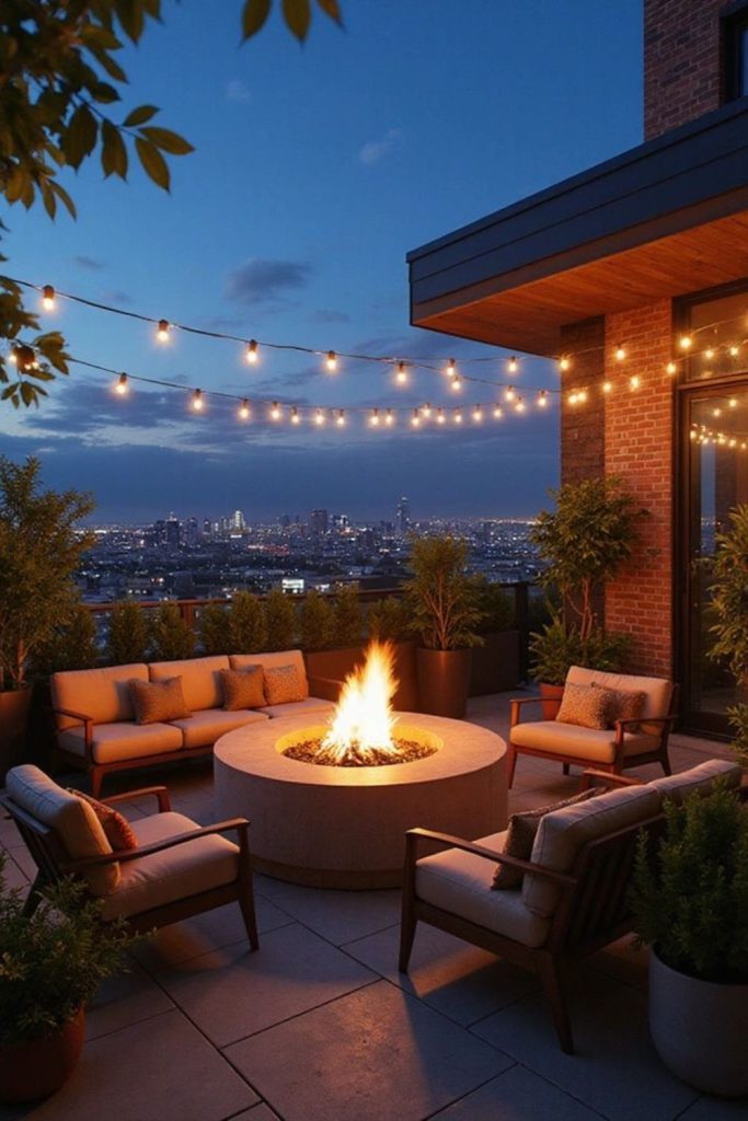 Elevated rooftop fire pit lounge