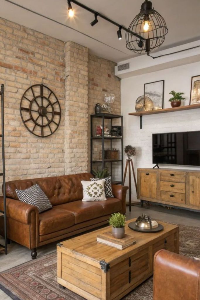 Industrial rustic brown brick interior lounge.