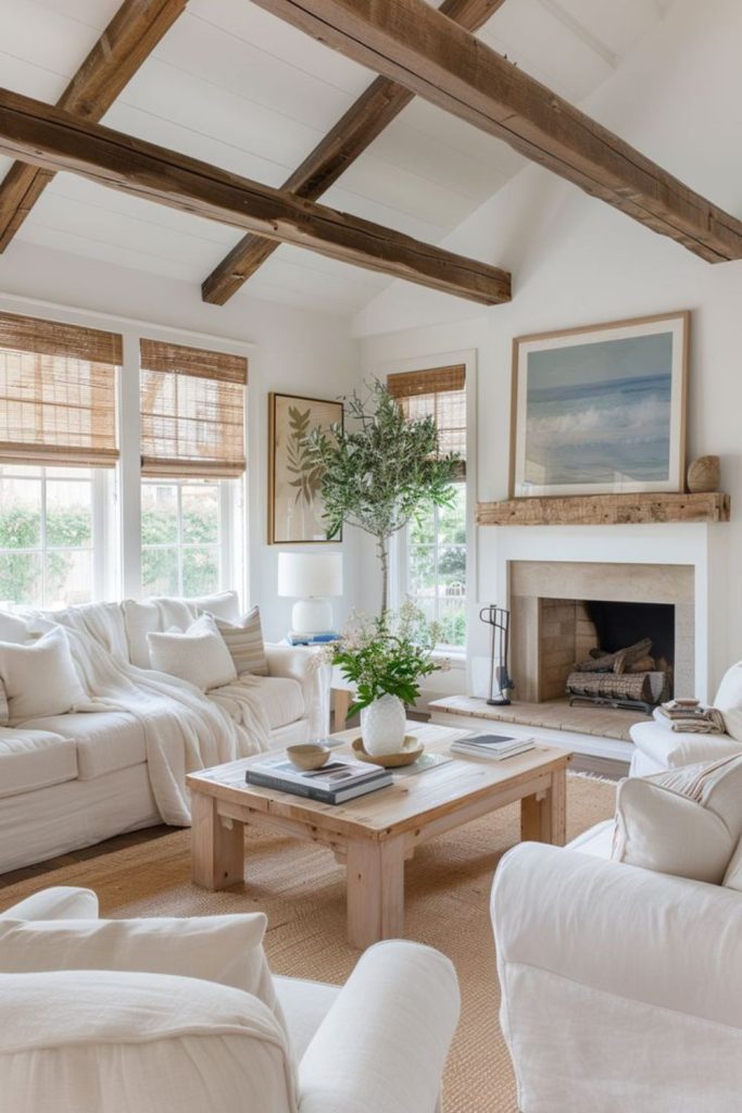 Weathered wood beams cozy farmhouse lounge