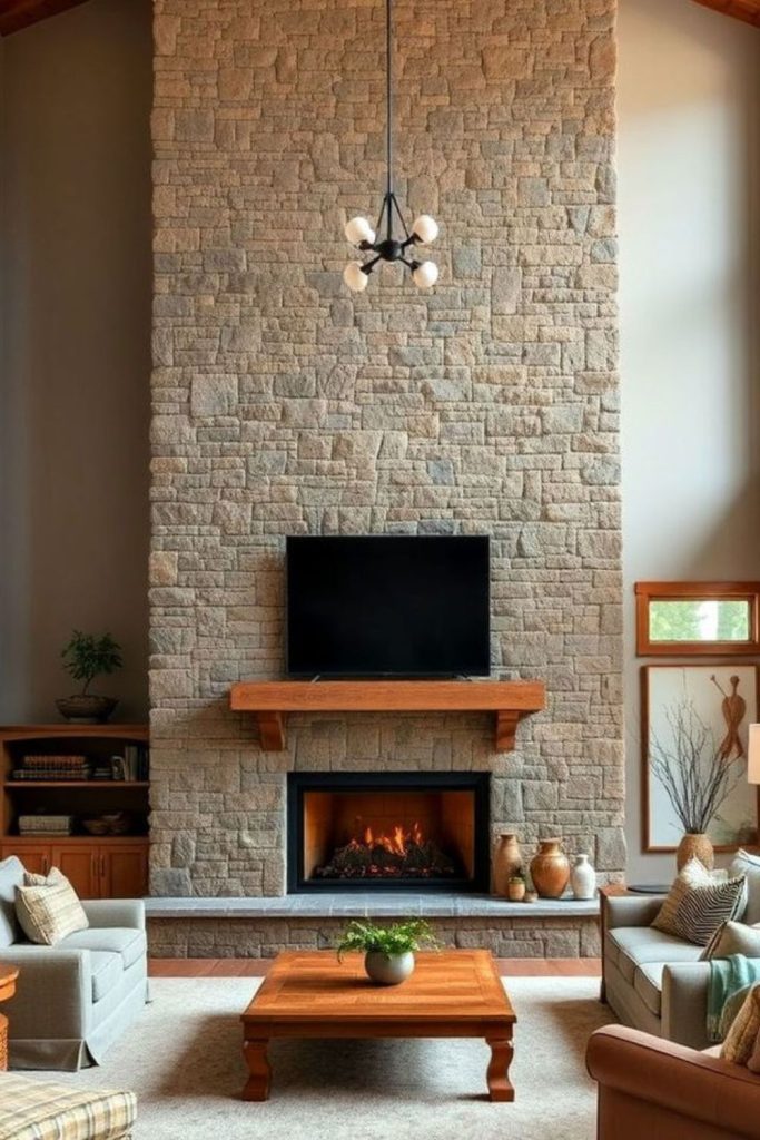 Rustic wooden den fireplace space.