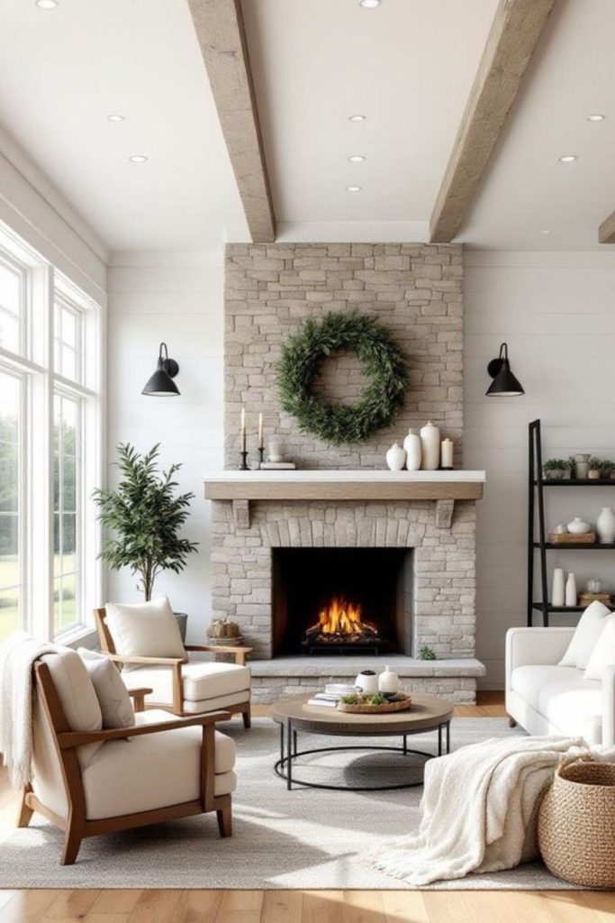 Rustic hearth glow farmhouse kitchen scene.