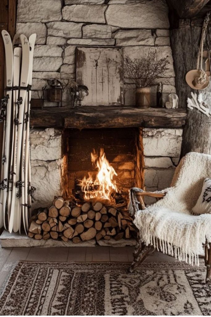 Warm rustic log fireplace cozy ambiance.