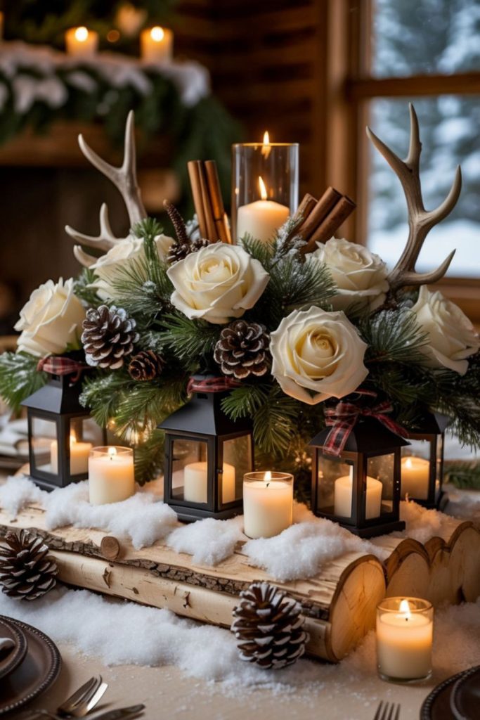 Hollow logs with glowing winter lanterns