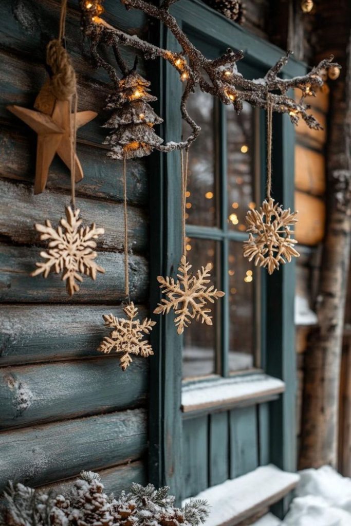 Wooden snowflakes festive wall decor.