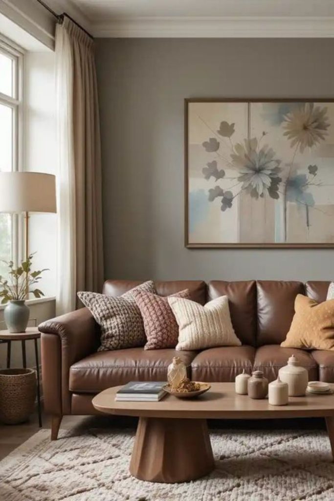 Rustic brown leather couch with timber