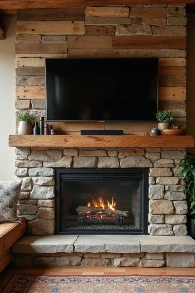 Rustic oak fireplace wall with TV