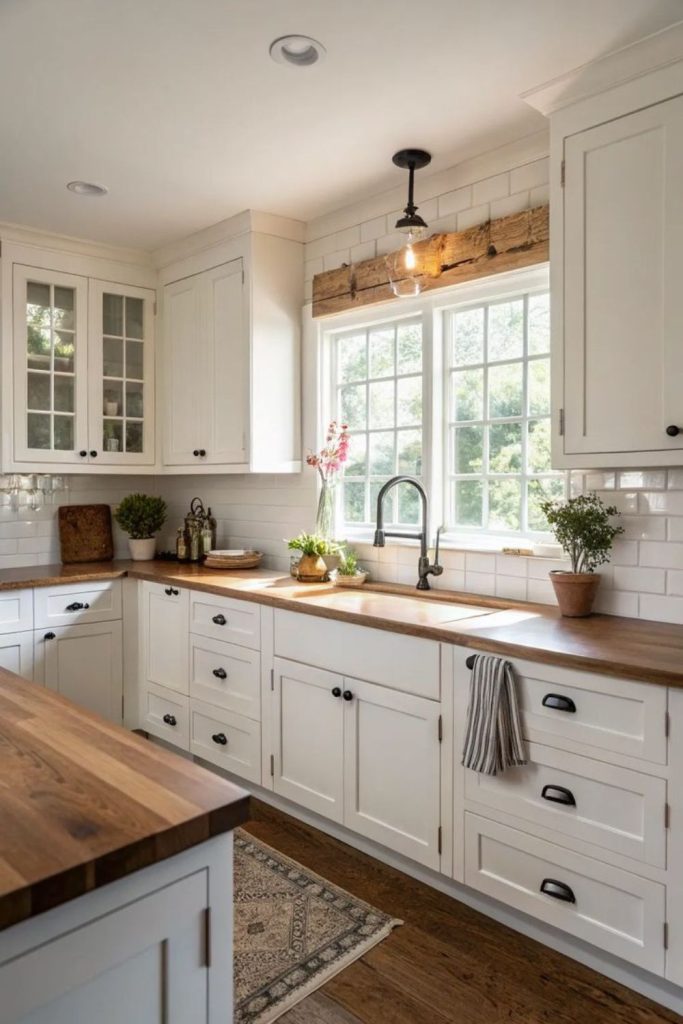Rustic farmhouse kitchen with white tones.