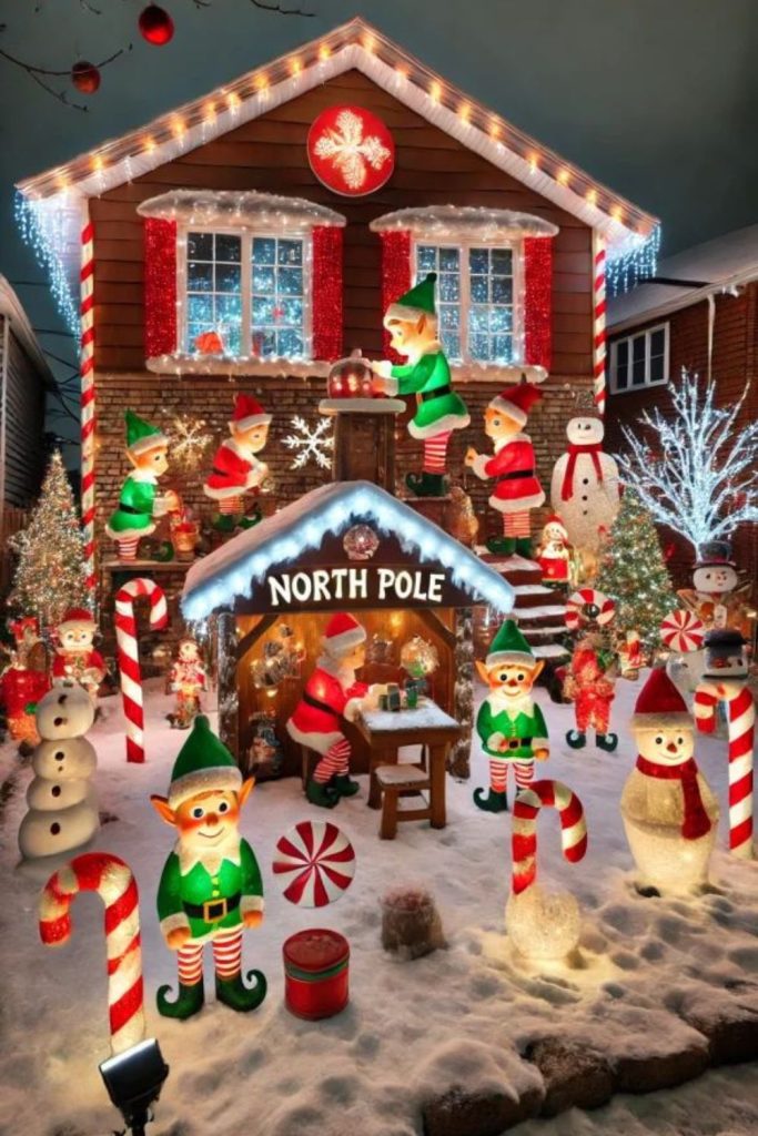 Miniature elf workshop with festive lighting