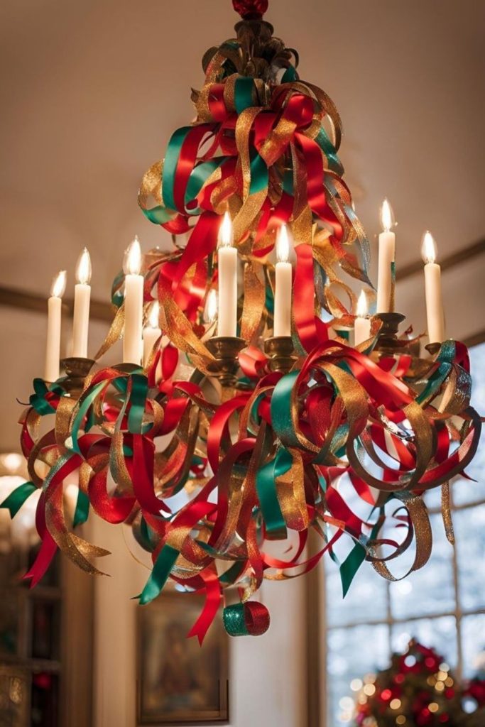 Satin ribbon chandelier hanging festive drape.