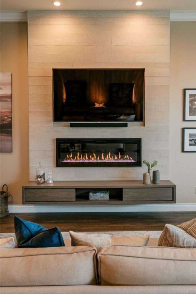 Scandinavian light wood fireplace media wall