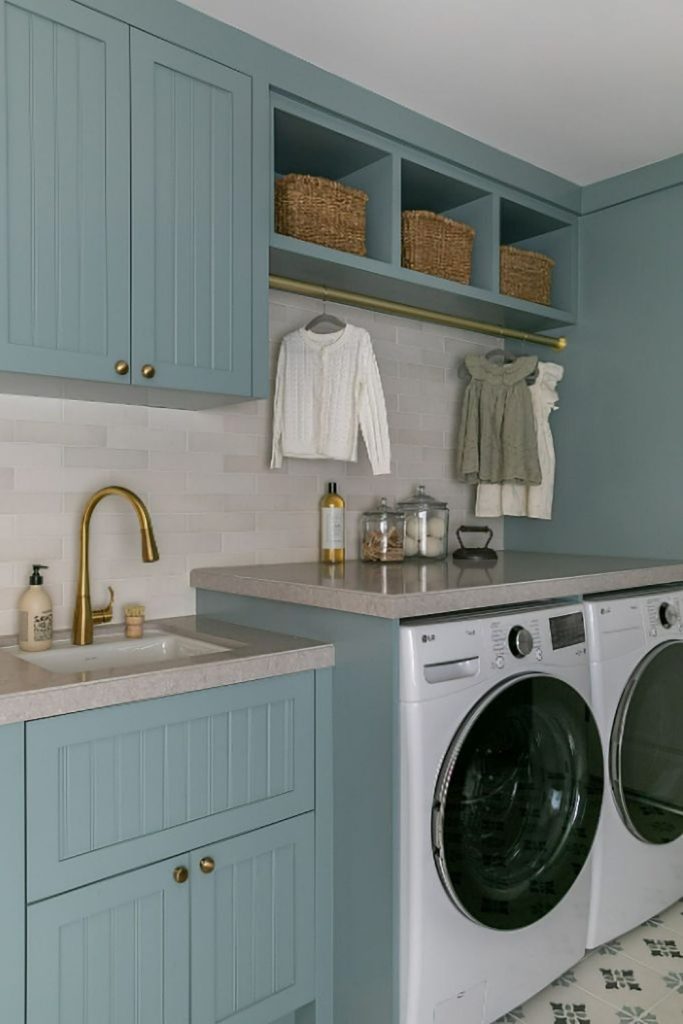 Pastel Scandinavian minimalist functional laundry.