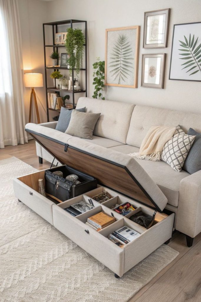 Hidden storage ottomans save room space.
