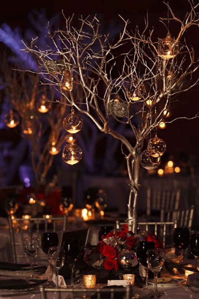 Silvered twig centerpiece with scattered ornaments
