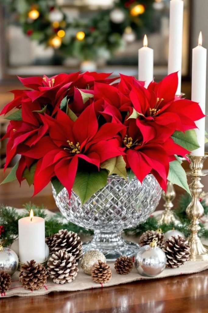 Silk poinsettia floral crystal vase arrangement.