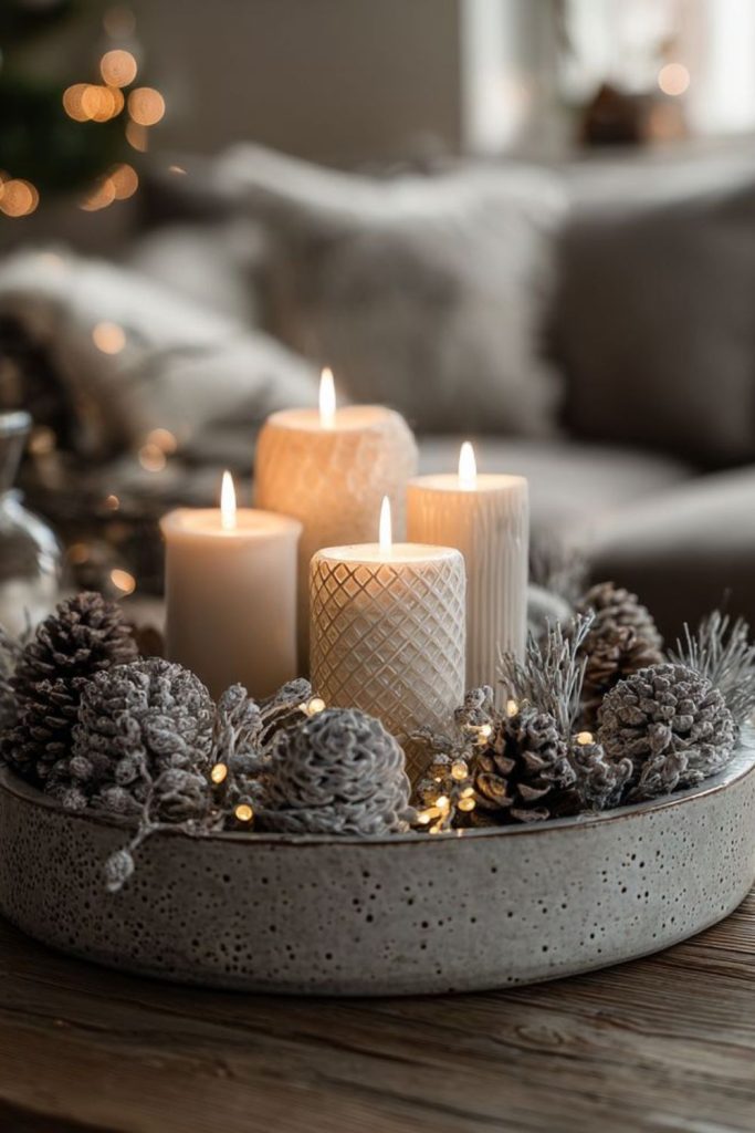 Tangled silver twigs with scattered pinecones