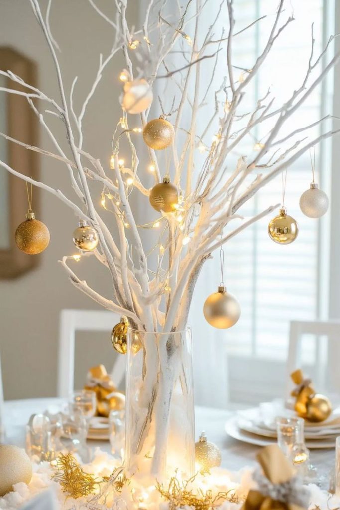 Frosted twigs adorned with metallic ornaments