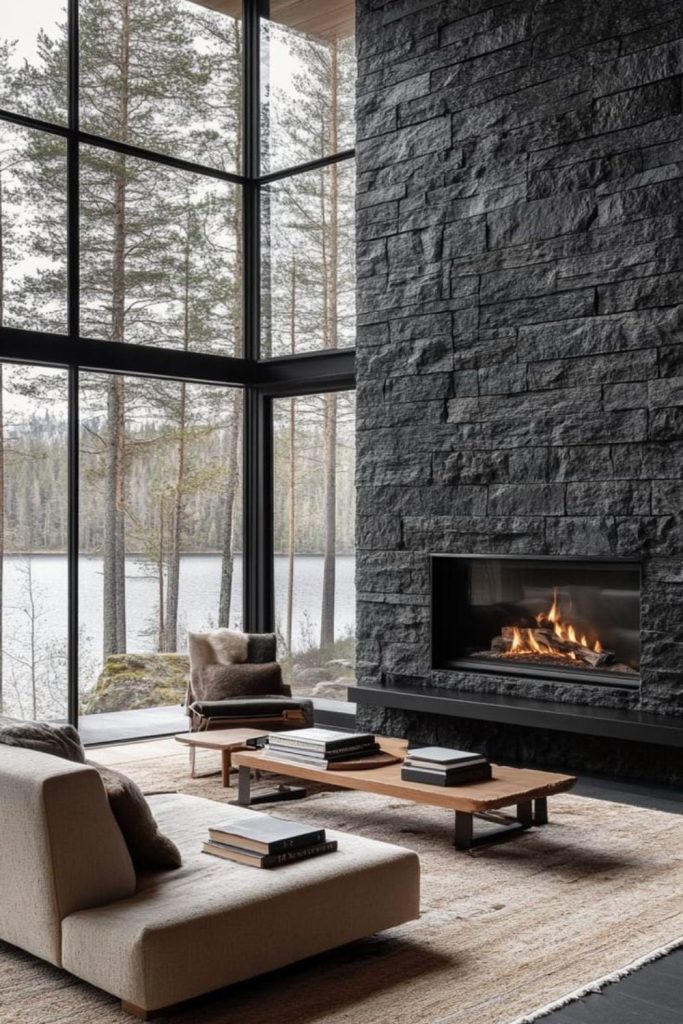 Slate modern tranquil fireplace space.