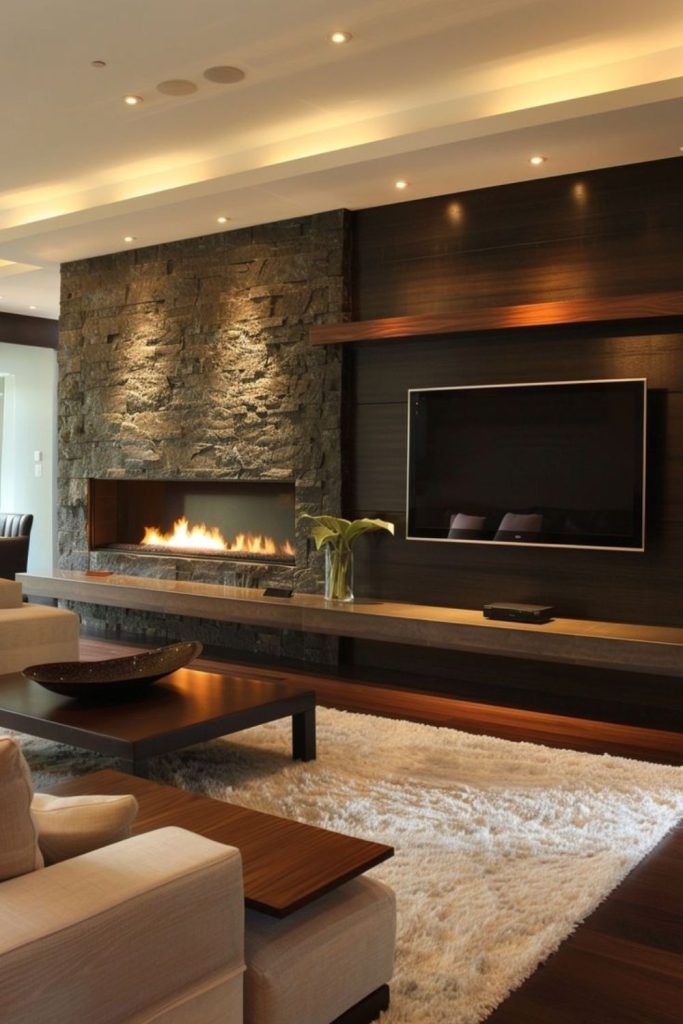 Dark slate fireplace with integrated TV