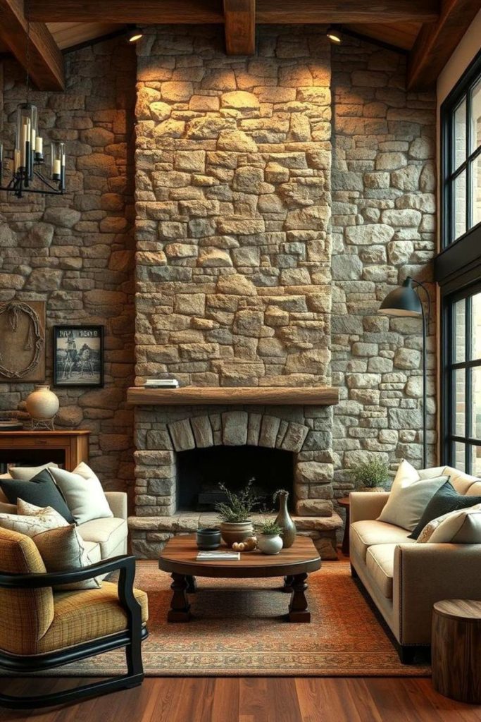 Smooth stone accent cozy lounge.