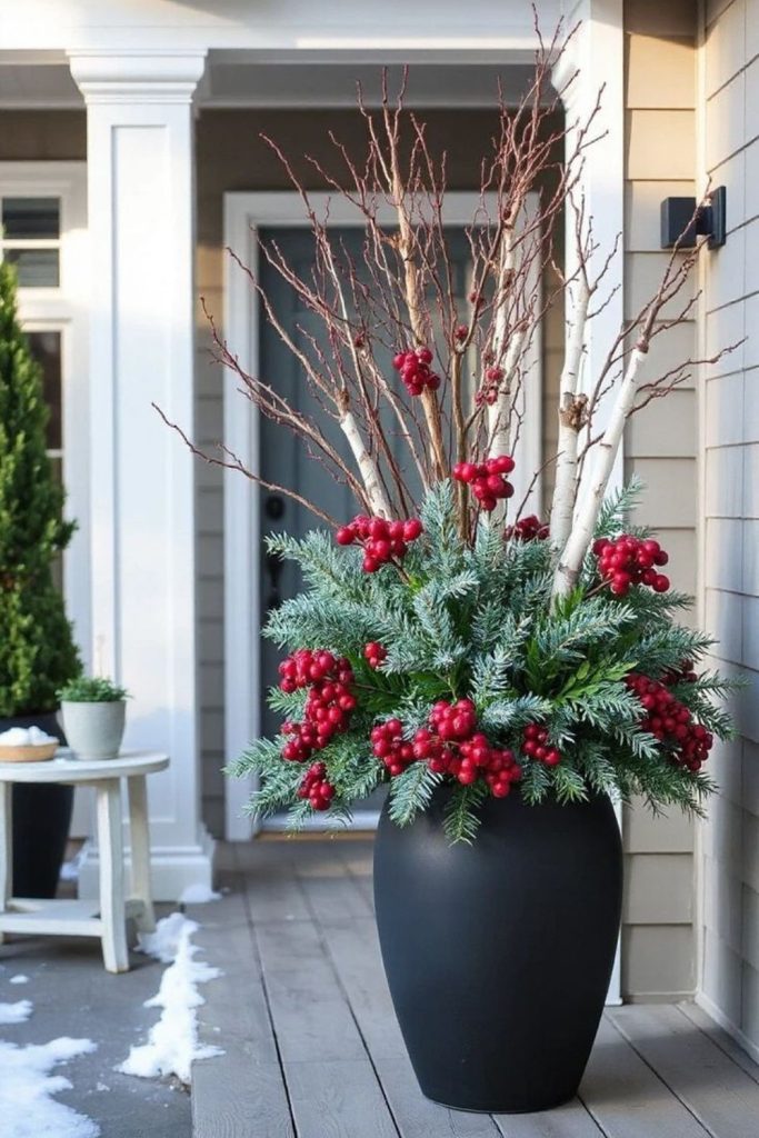 Birch and evergreen front porch arrangement