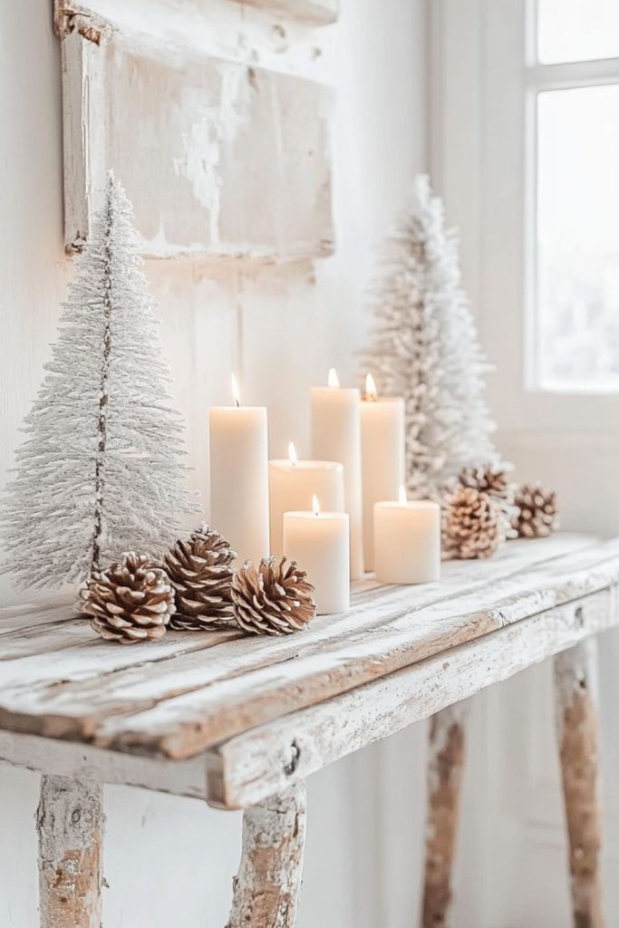 Candles with snowy pine accents.