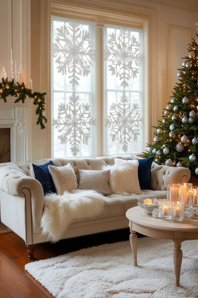 Frosted window decor with mini pines.