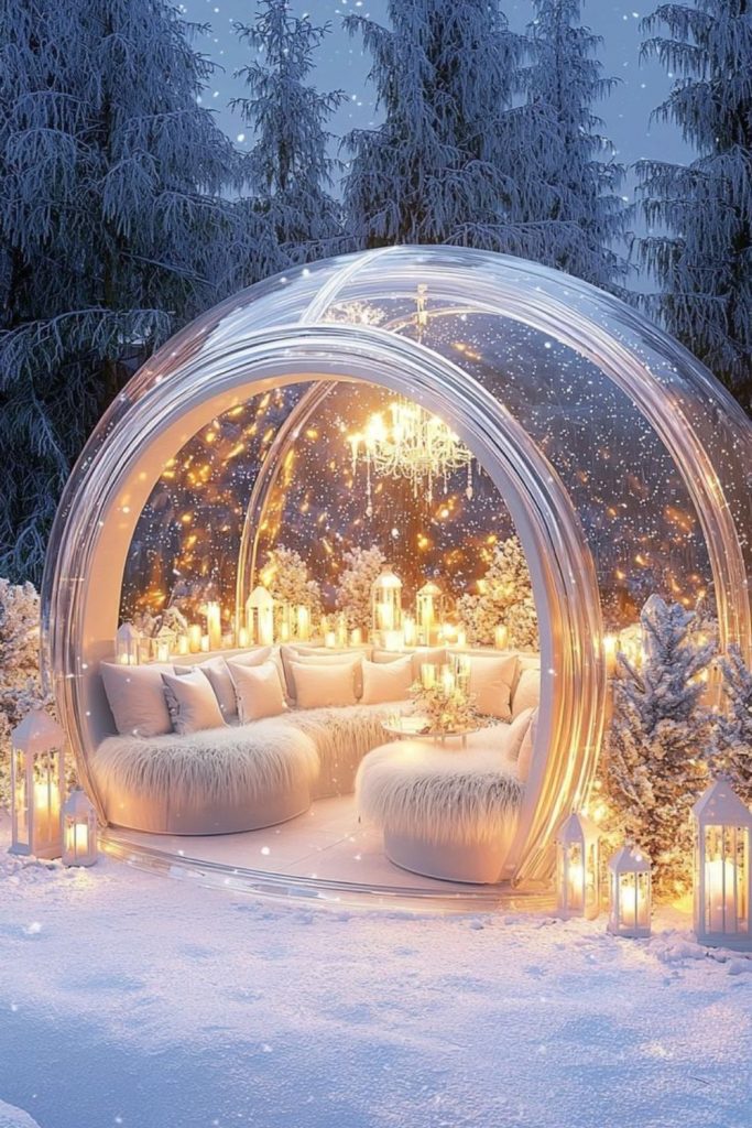Giant glowing snow globes on lawn