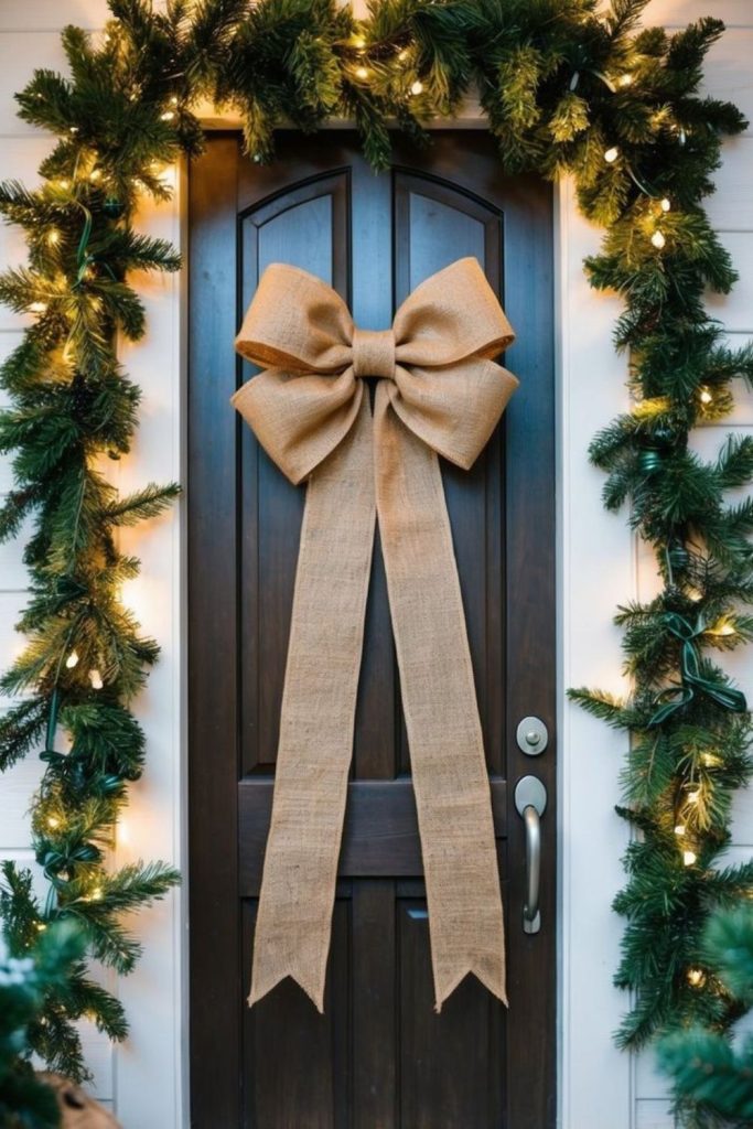 Linen bow snowy evergreen door garland