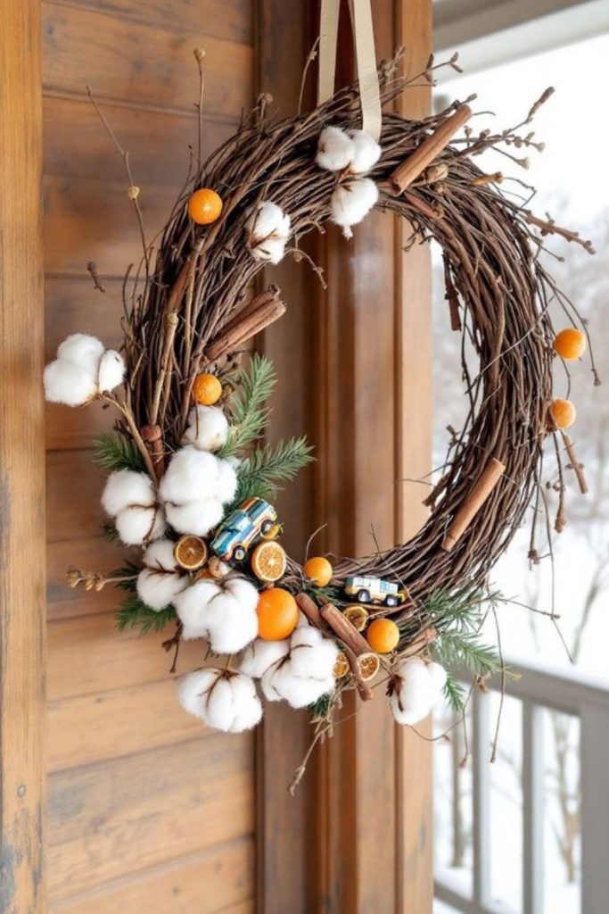 Cotton stem snowy farmhouse winter wreath