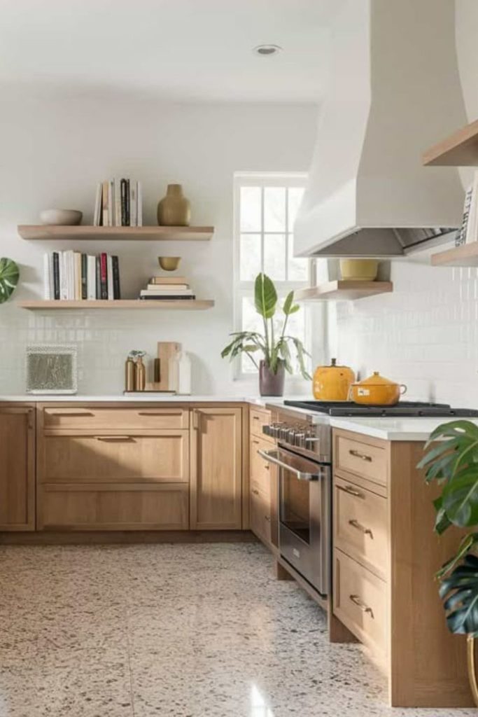 Soft dawn kitchen with warm timber