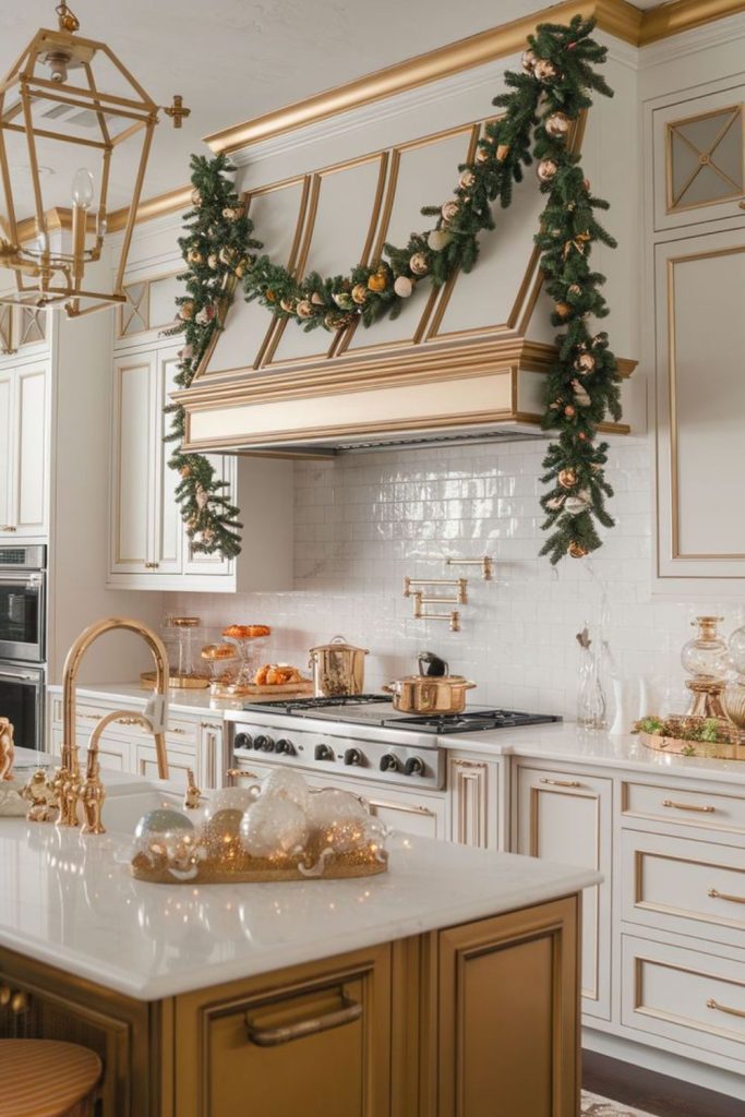 Soft golden candlelit kitchen space.