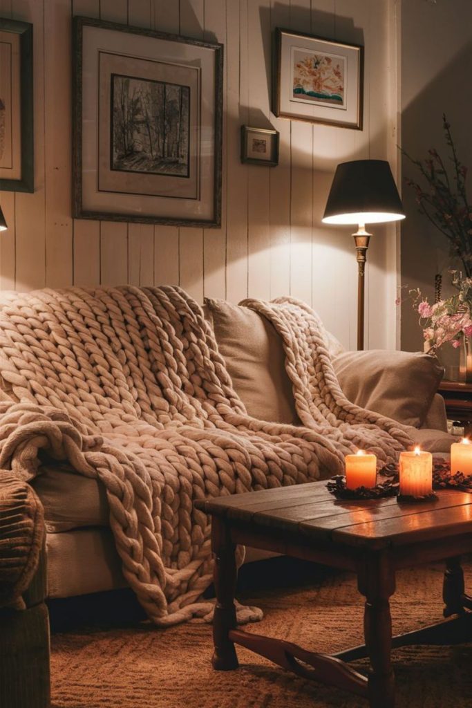 Knitted blankets on evening sofa.