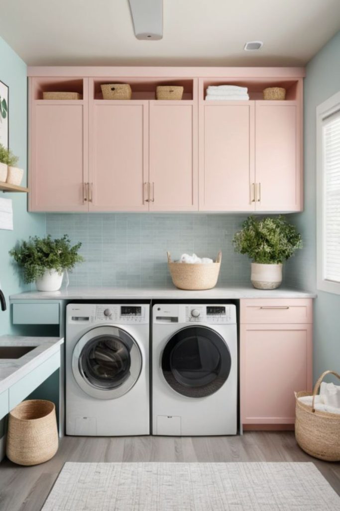 Pastel-colored calming basement laundry room.