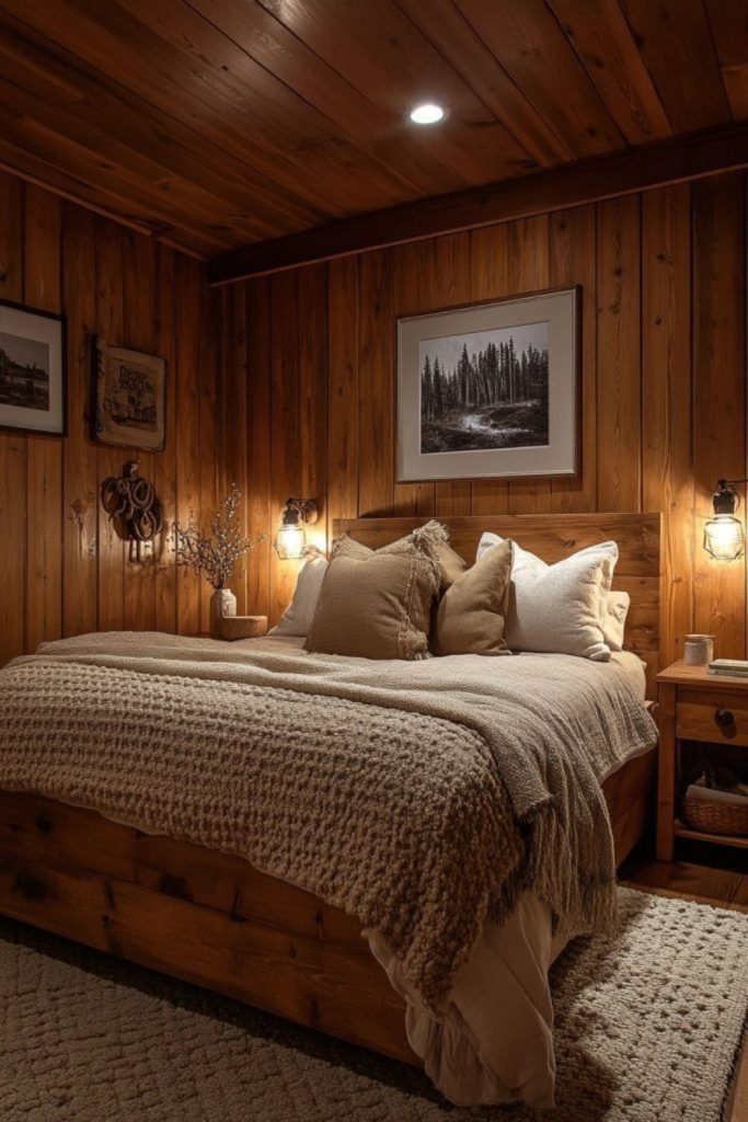 Timber cabin bedroom warm setting.