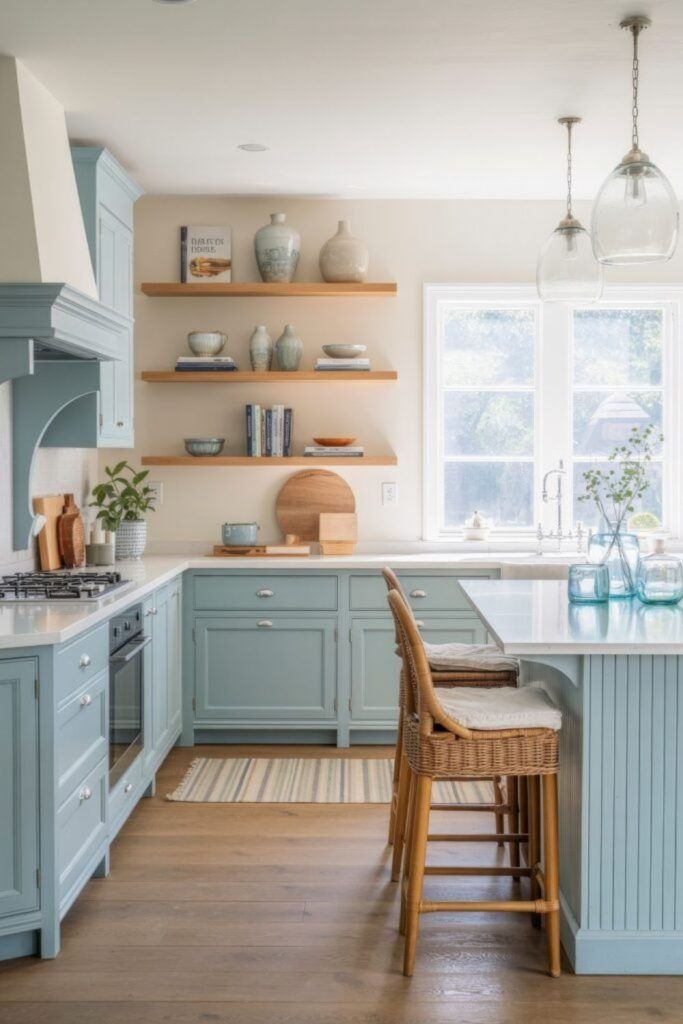 Pastel soft farmhouse kitchen decor.