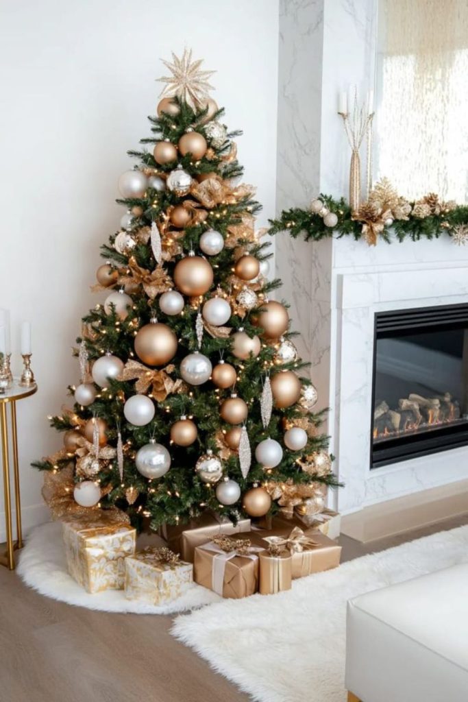 Gold star ornaments on serene tree.