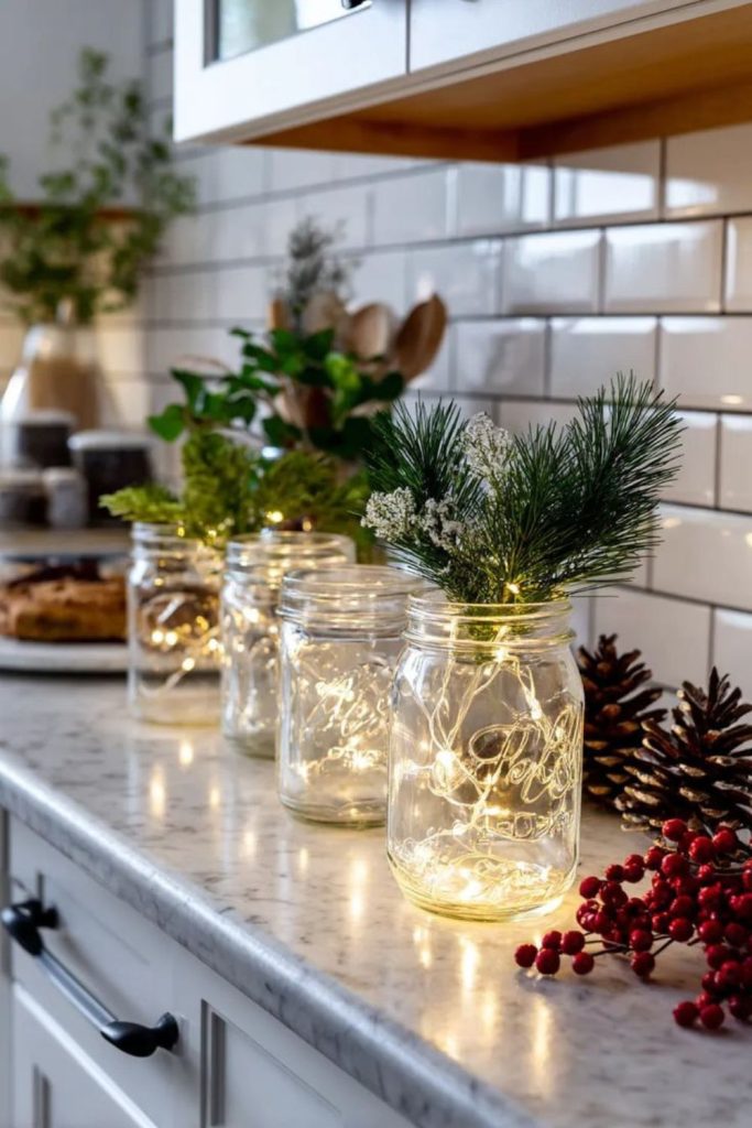 Mason jar lights glowing warmly.