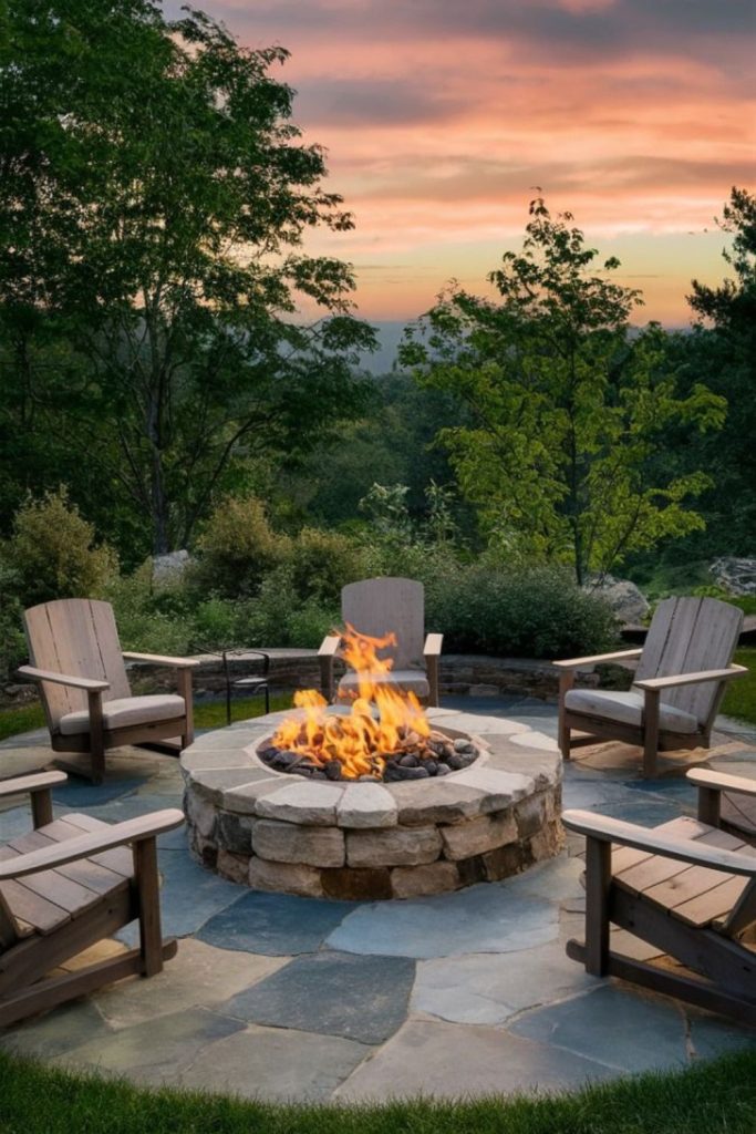Stone-walled backyard fire seating