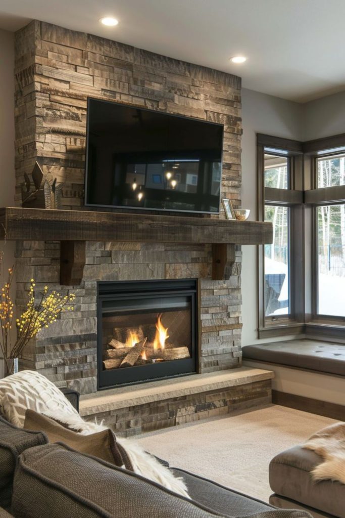 Mosaic stone fireplace with wall TV