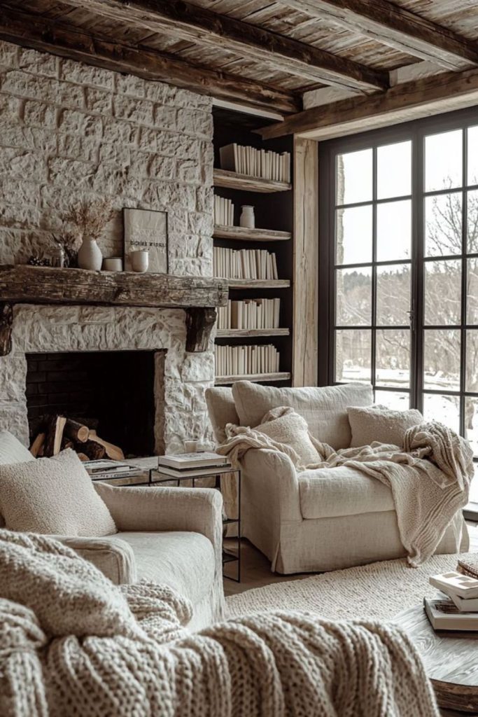 Textured rustic space stone fireplace