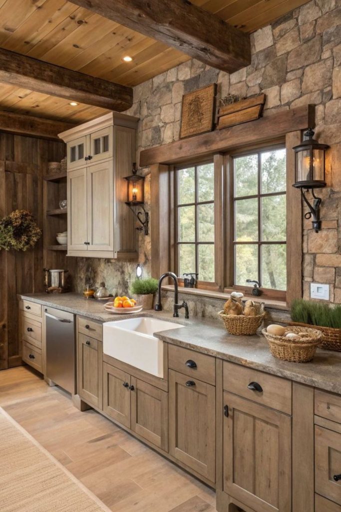 Stone-accent frontier kitchen rustic setup.