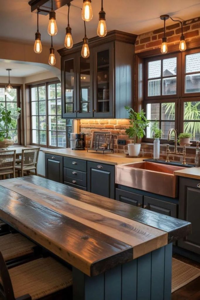 Stone and wood farmhouse kitchen decor.