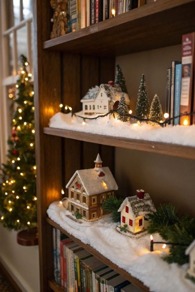 Miniature village centerpiece with warm glow.