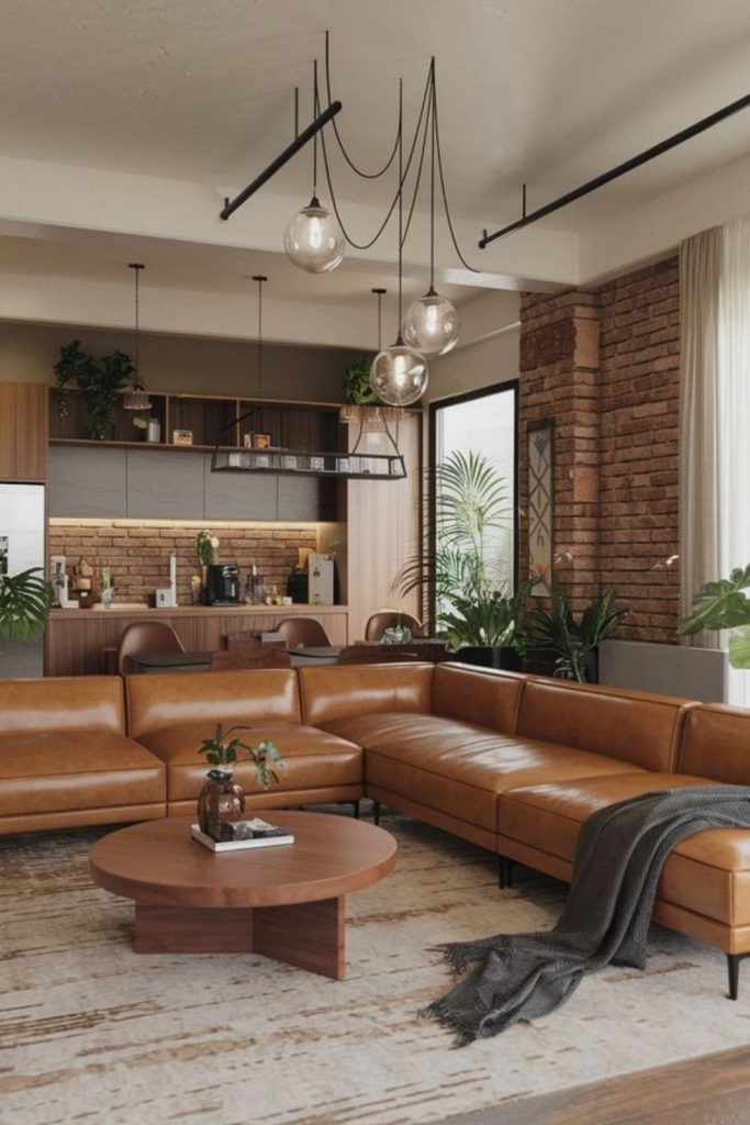 Sunlit brown leather welcoming lounge